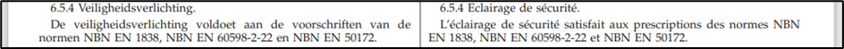 L'Arrêté royal stipule que votre installation d'éclairage de secours doit répondre aux normes NBN EN 1838, NBN EN 60598-2-22 et NBN EN 50172.